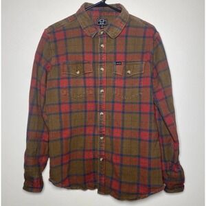 Dark Seas Heavyweight Flannel Plaid Mens Medium Red Brown Woven Heavy Shirt